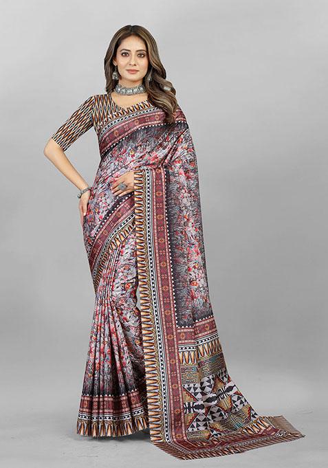 Multi Abstract Print Silk Crepe Saree Set