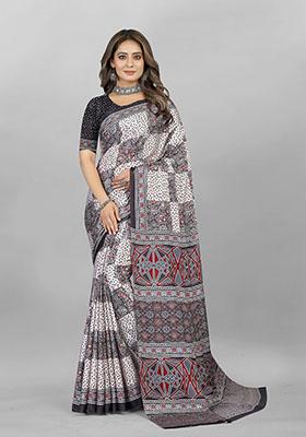 Grey Check Print Silk Crepe Saree Set