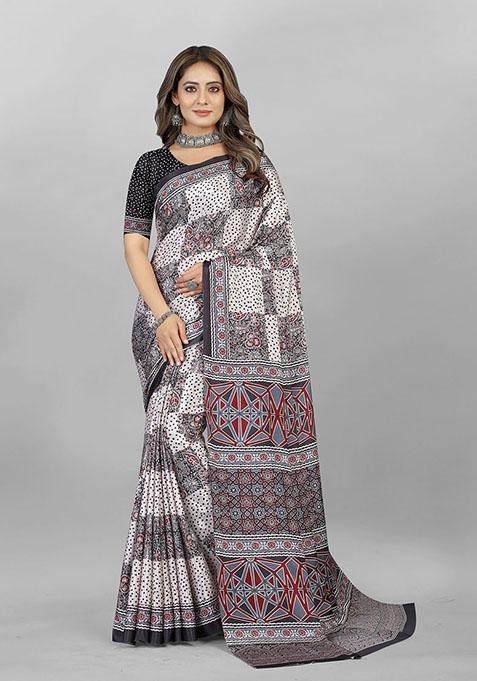 Grey Check Print Silk Crepe Saree Set