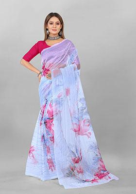 Blue Digital Print Organza Saree Set