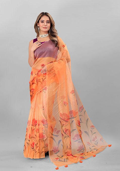 Orange Digital Print Organza Saree Set