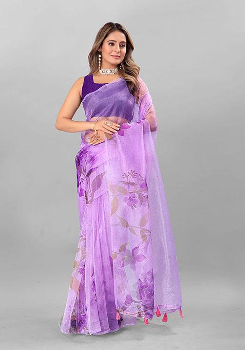 Purple Digital Print Organza Saree Set