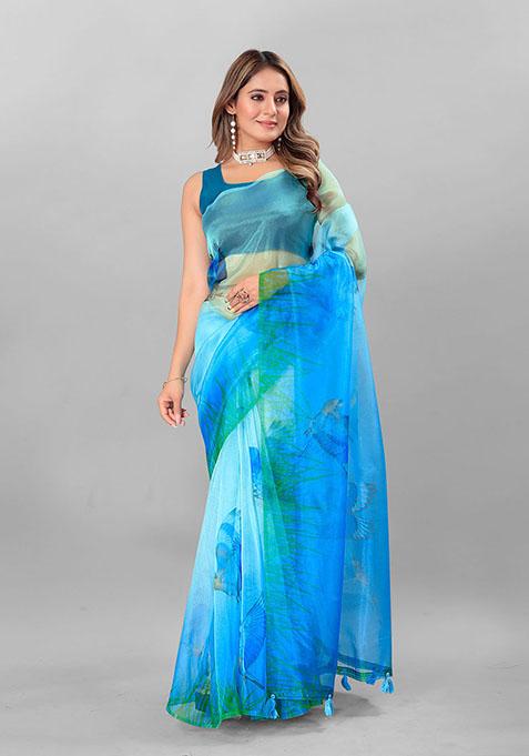 Blue Digital Print Organza Saree Set