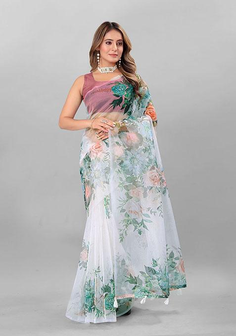 White Digital Print Organza Saree Set