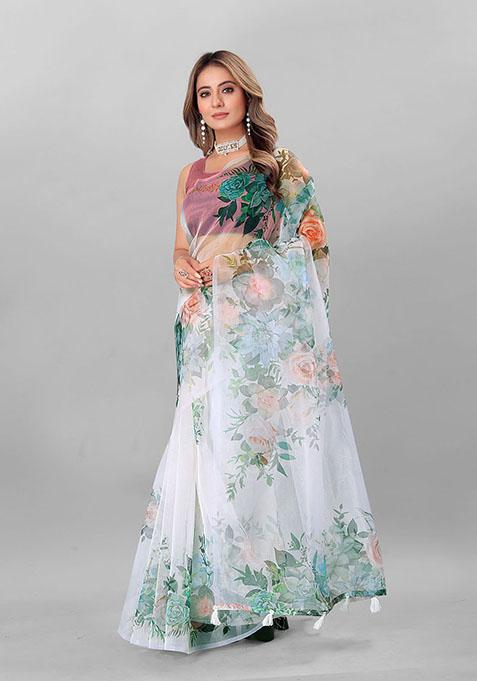 Women's Organza White Digital Print Designer Saree With Blouse Piece main image 1