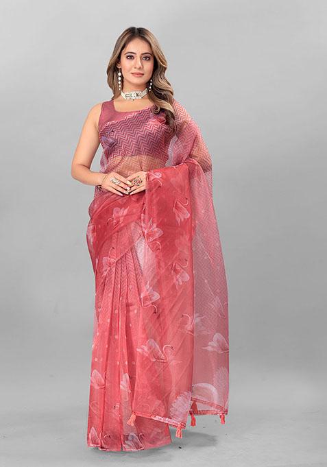 Orange Digital Print Organza Saree Set