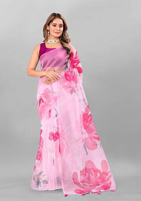 Pink Digital Print Organza Saree Set