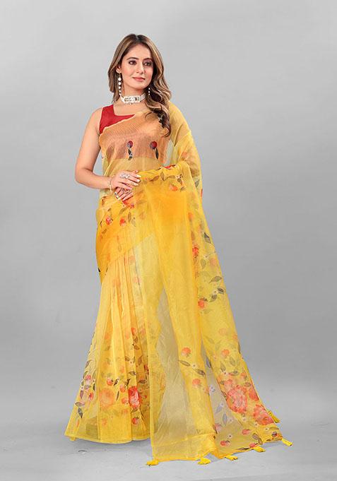 Yellow Digital Print Organza Saree Set