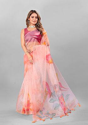 Peach Digital Print Organza Saree Set