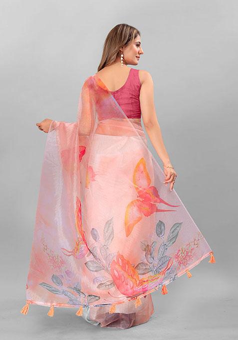 Women's Organza Peach Digital Print Celebrity Saree With Blouse Piece