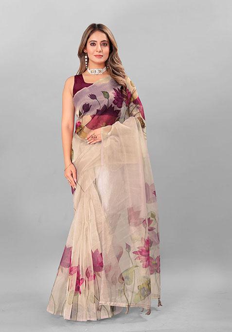 Beige Digital Print Organza Saree Set