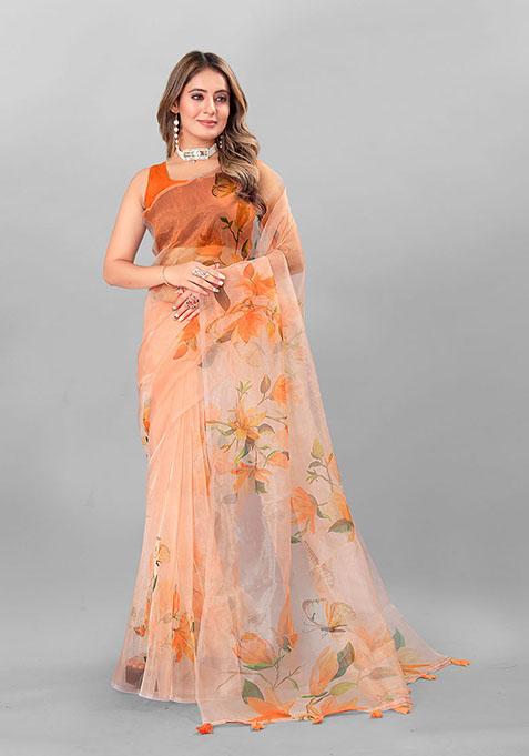 Orange Digital Print Organza Saree Set