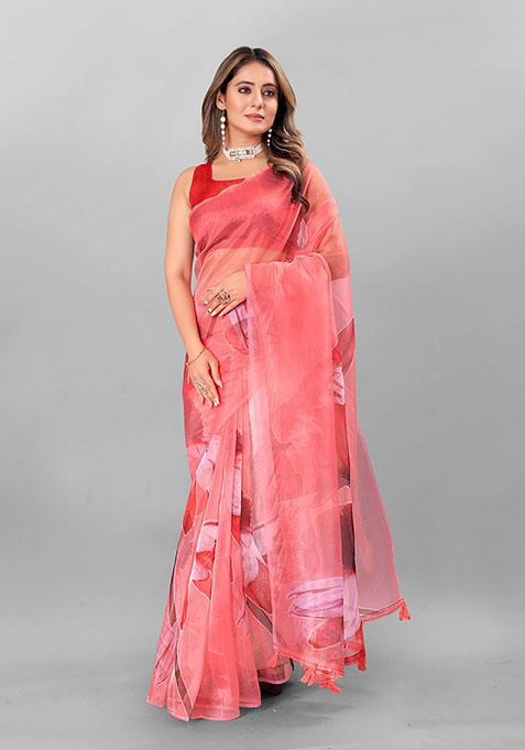 Pink Digital Print Organza Saree Set