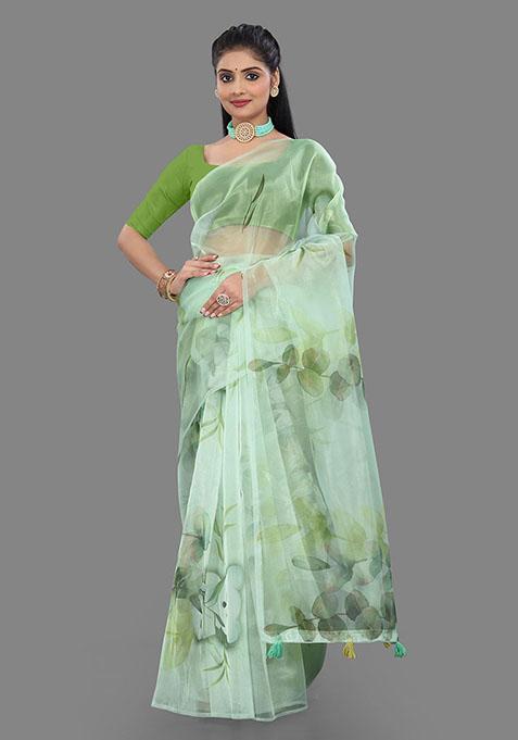 Green Digital Print Organza Saree Set