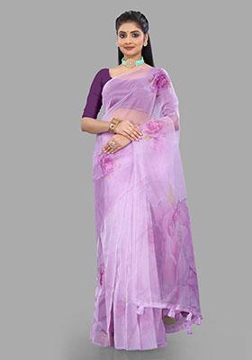 Purple Digital Print Organza Saree Set