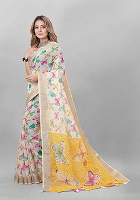 Cream Animal Print Linen Cotton Saree Set