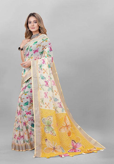 Cream Animal Print Linen Cotton Saree Set