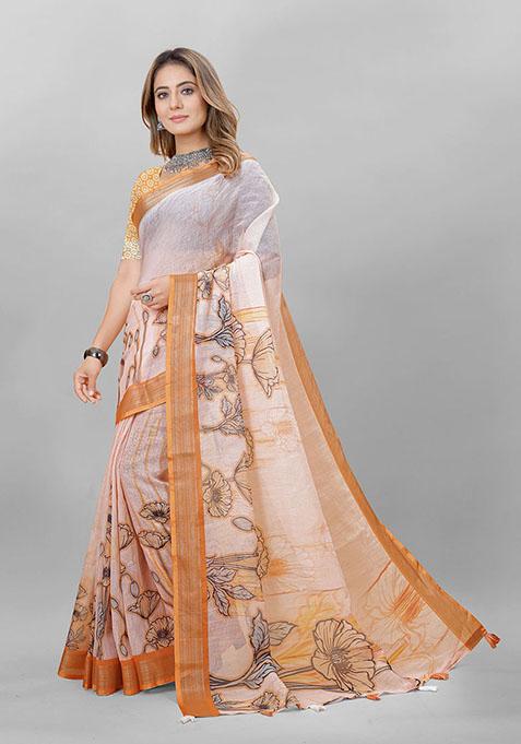 Light Peach Abstract Print Linen Cotton Saree Set