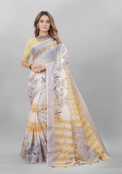 Off White Animal Print Linen Cotton Saree Set