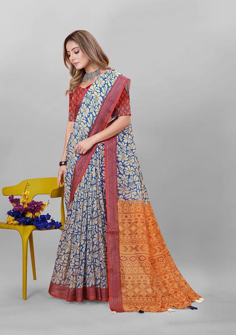 Blue Floral Print Linen Cotton Saree Set