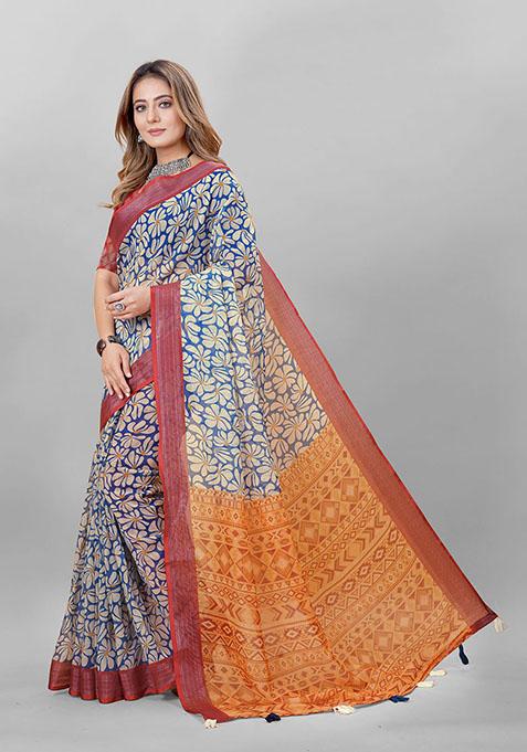 Blue Floral Print Linen Cotton Saree Set