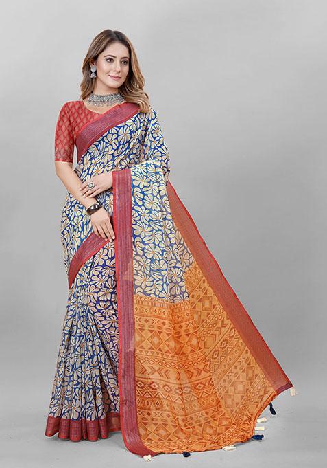 Blue Floral Print Linen Cotton Saree Set