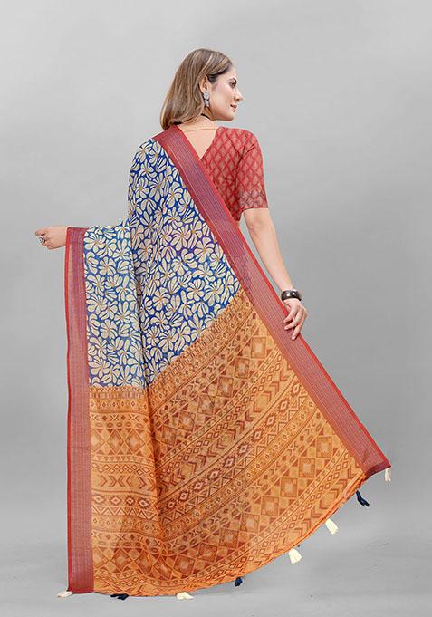 Blue Floral Print Linen Cotton Saree Set