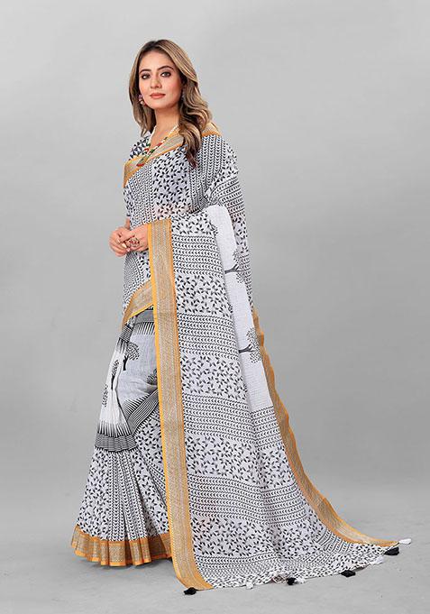 White Printed Linen Cotton Saree Set