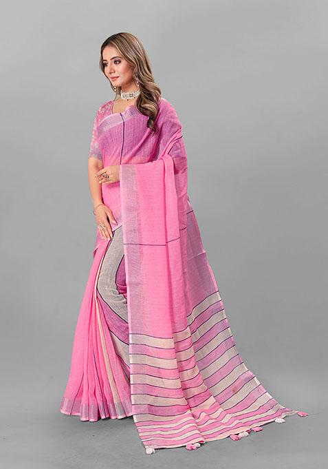 Pink Abstract Print Linen Cotton Saree Set