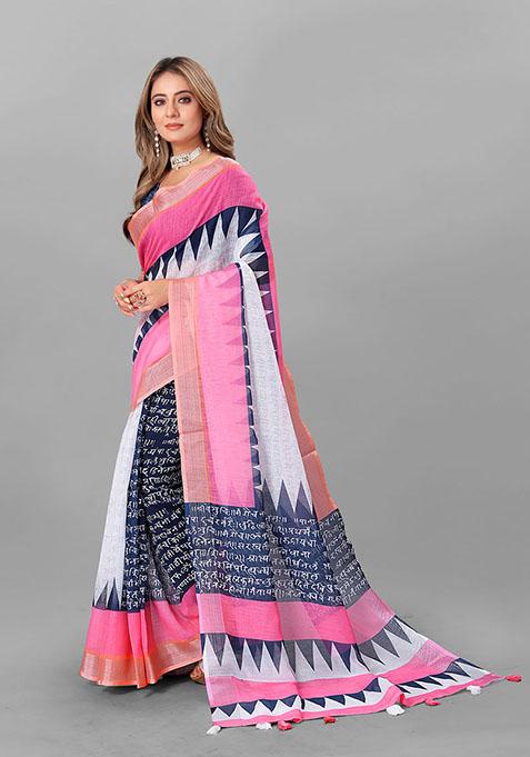 Pink Geometric Print Linen Cotton Saree Set