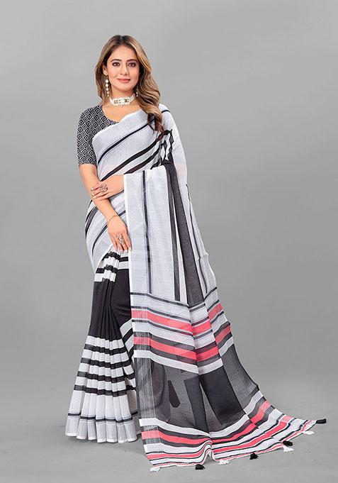 White Striped Print Linen Cotton Saree Set