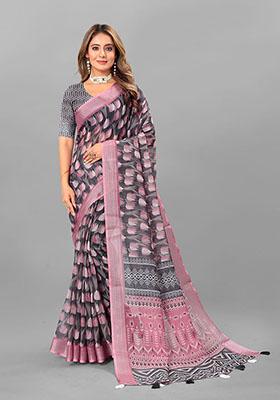 Black Floral Print Linen Cotton Saree Set