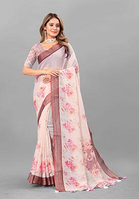 Peach Floral Print Linen Cotton Saree Set