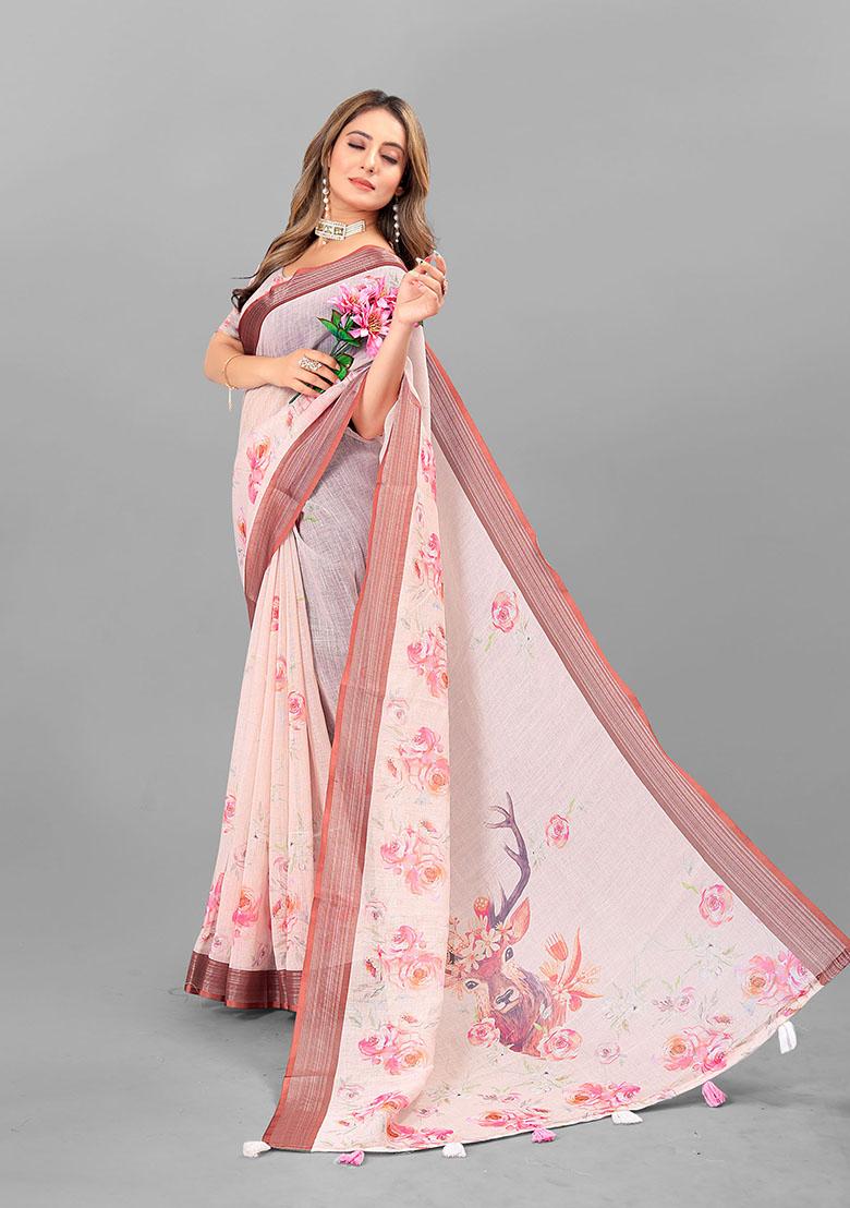 Peach Floral Print Linen Cotton Saree Set