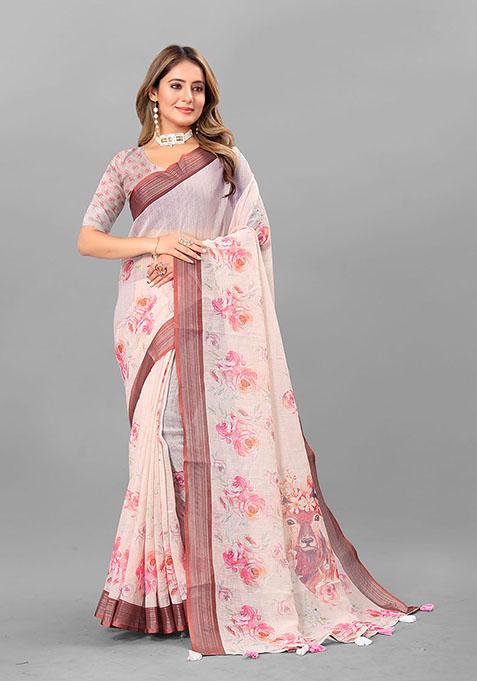 Peach Floral Print Linen Cotton Saree Set