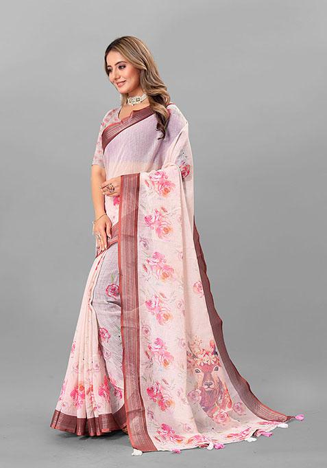 Peach Floral Print Linen Cotton Saree Set