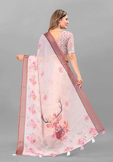 Peach Floral Print Linen Cotton Saree Set