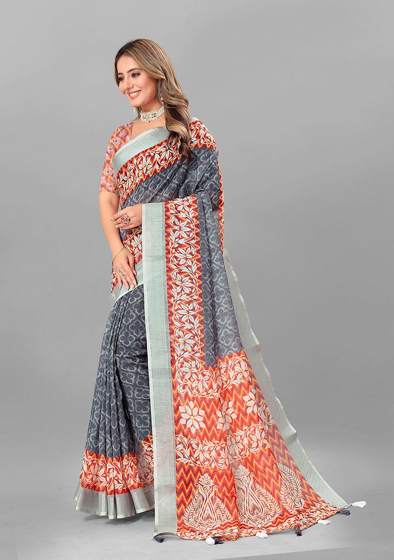 Grey Ethnic Motifs Linen Cotton Saree Set