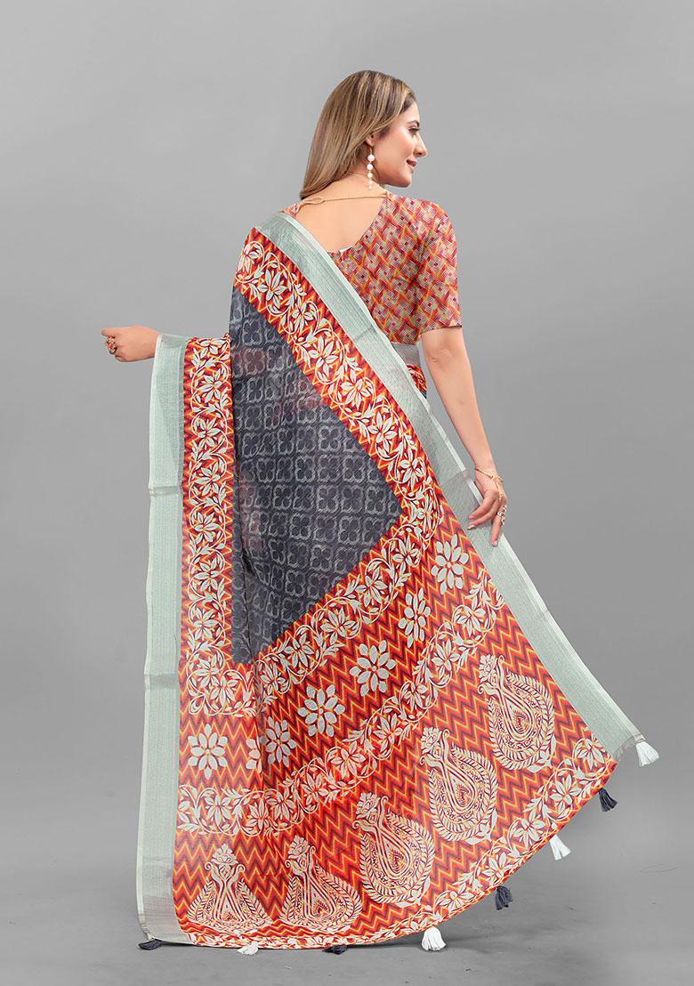 Grey Ethnic Motifs Linen Cotton Saree Set