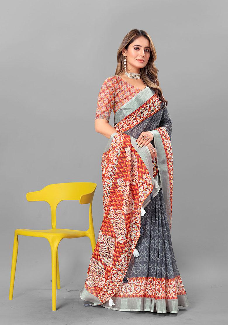 Grey Ethnic Motifs Linen Cotton Saree Set