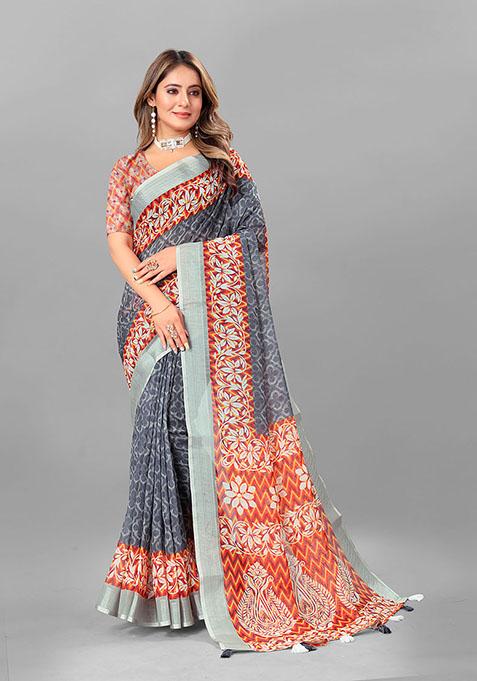 Grey Ethnic Motifs Linen Cotton Saree Set