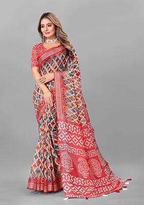 Red Ethnic Motifs Linen Cotton Saree Set