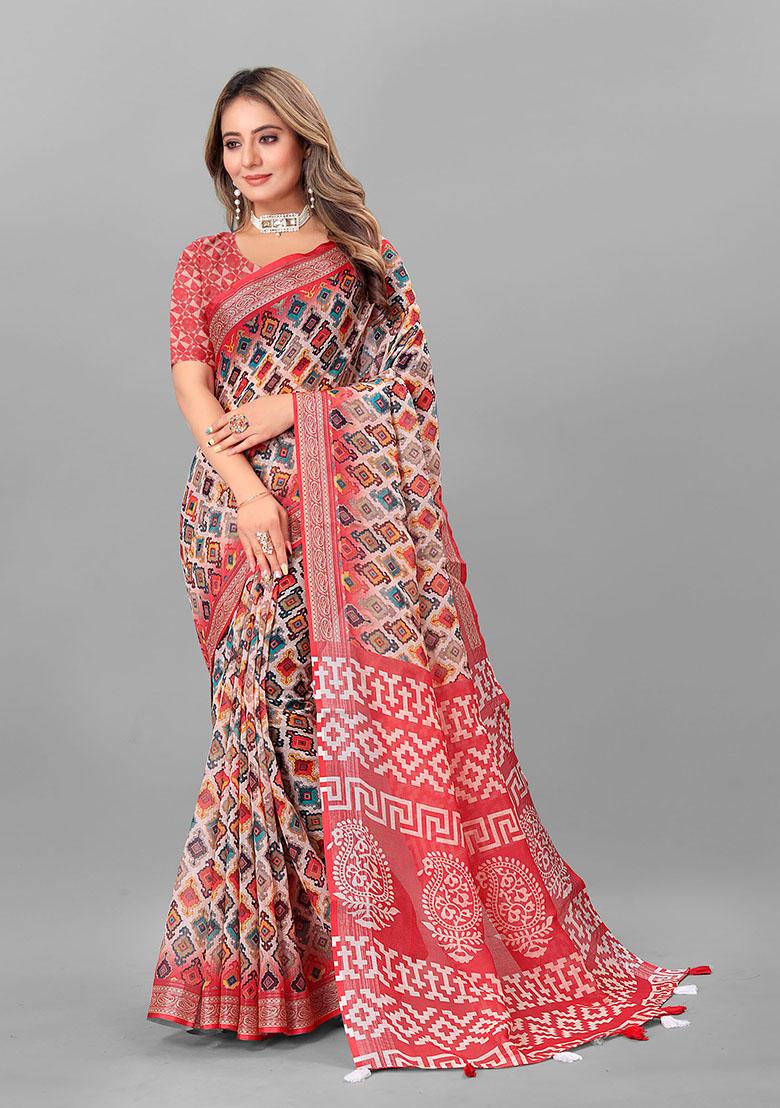 Red Ethnic Motifs Linen Cotton Saree Set