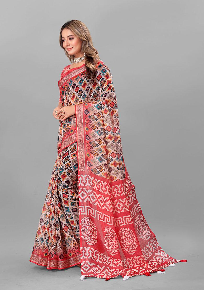 Red Ethnic Motifs Linen Cotton Saree Set