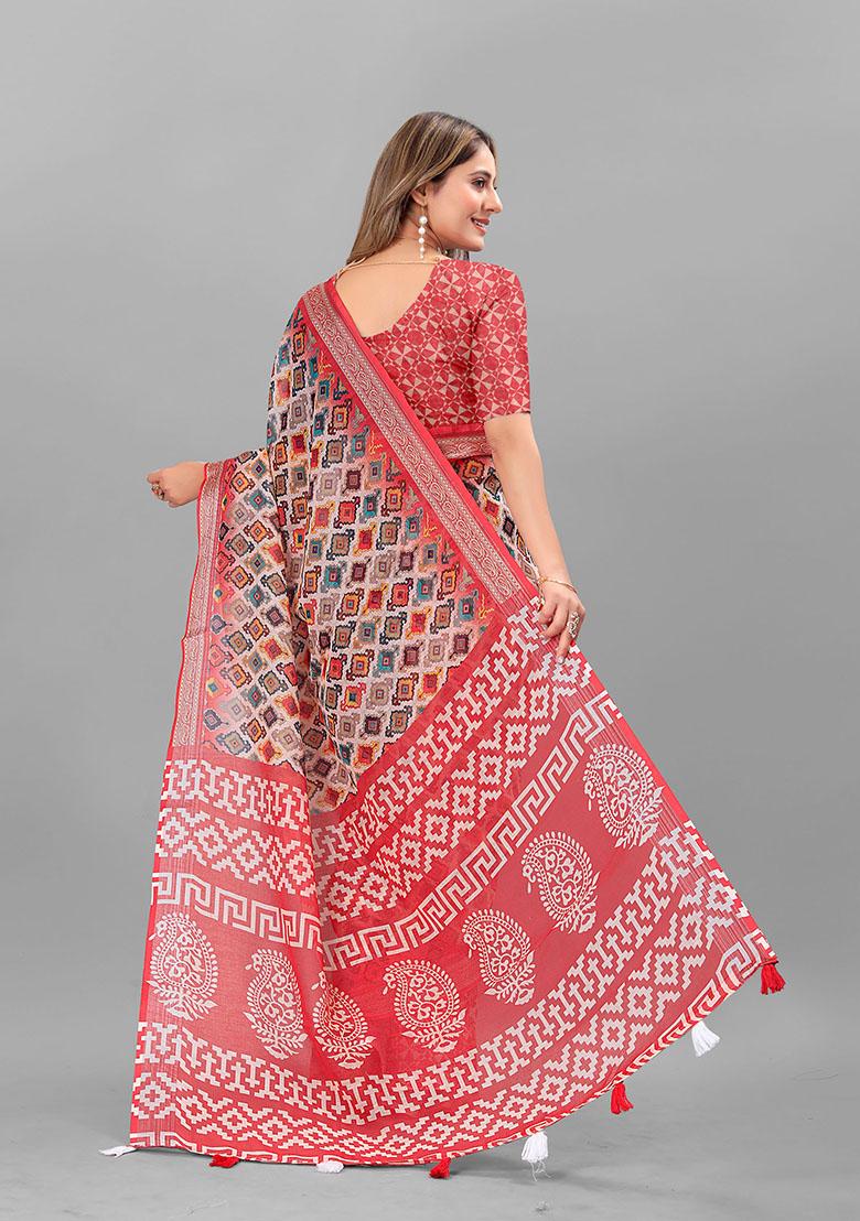 Red Ethnic Motifs Linen Cotton Saree Set