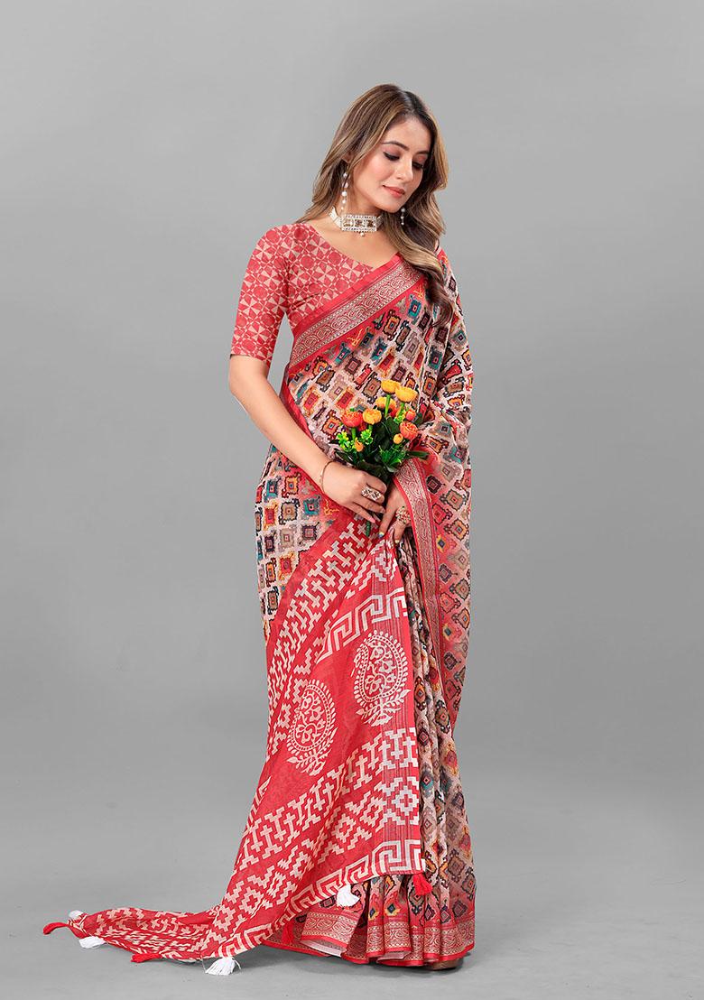 Red Ethnic Motifs Linen Cotton Saree Set