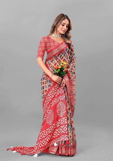 Red Ethnic Motifs Linen Cotton Saree Set