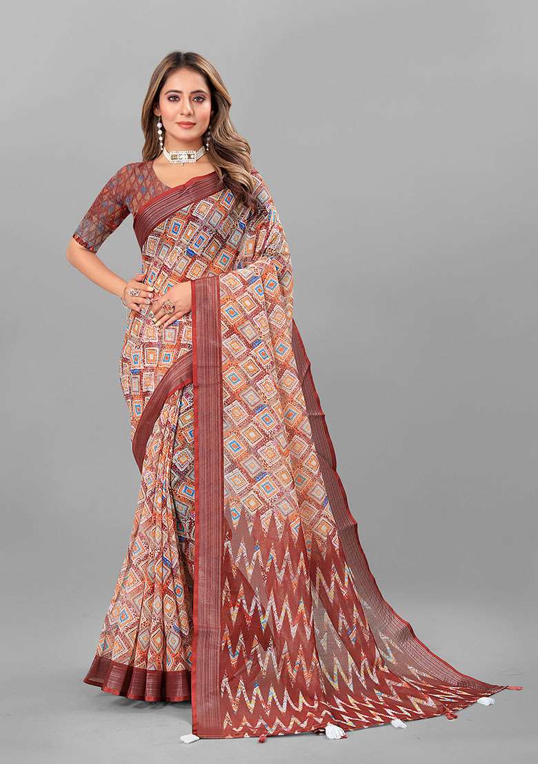 Brown Geometric Print Linen Cotton Saree Set - Indya