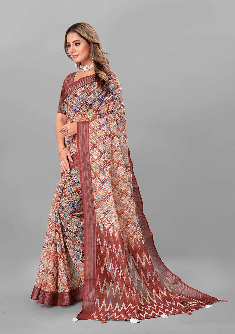 Brown Geometric Print Linen Cotton Saree Set - Indya