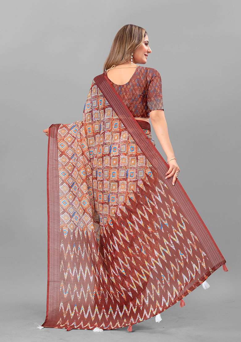 Brown Geometric Print Linen Cotton Saree Set - Indya